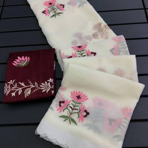 Faux Georgette fancy embroidery work Saree