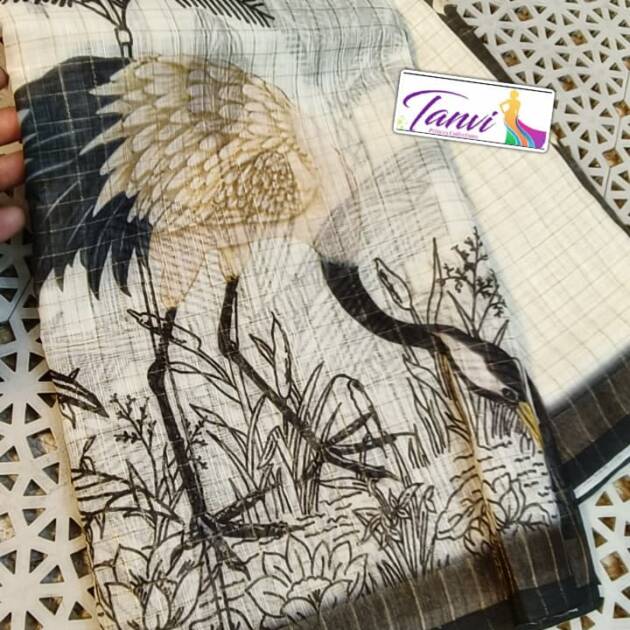 Off-White Crane Motif Printed Cotton Saree