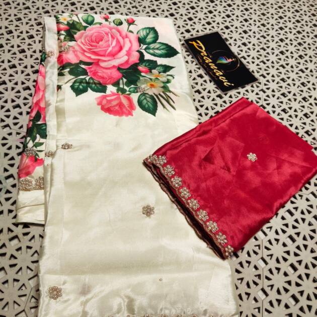 Ivory Floral Printed Silk Saree